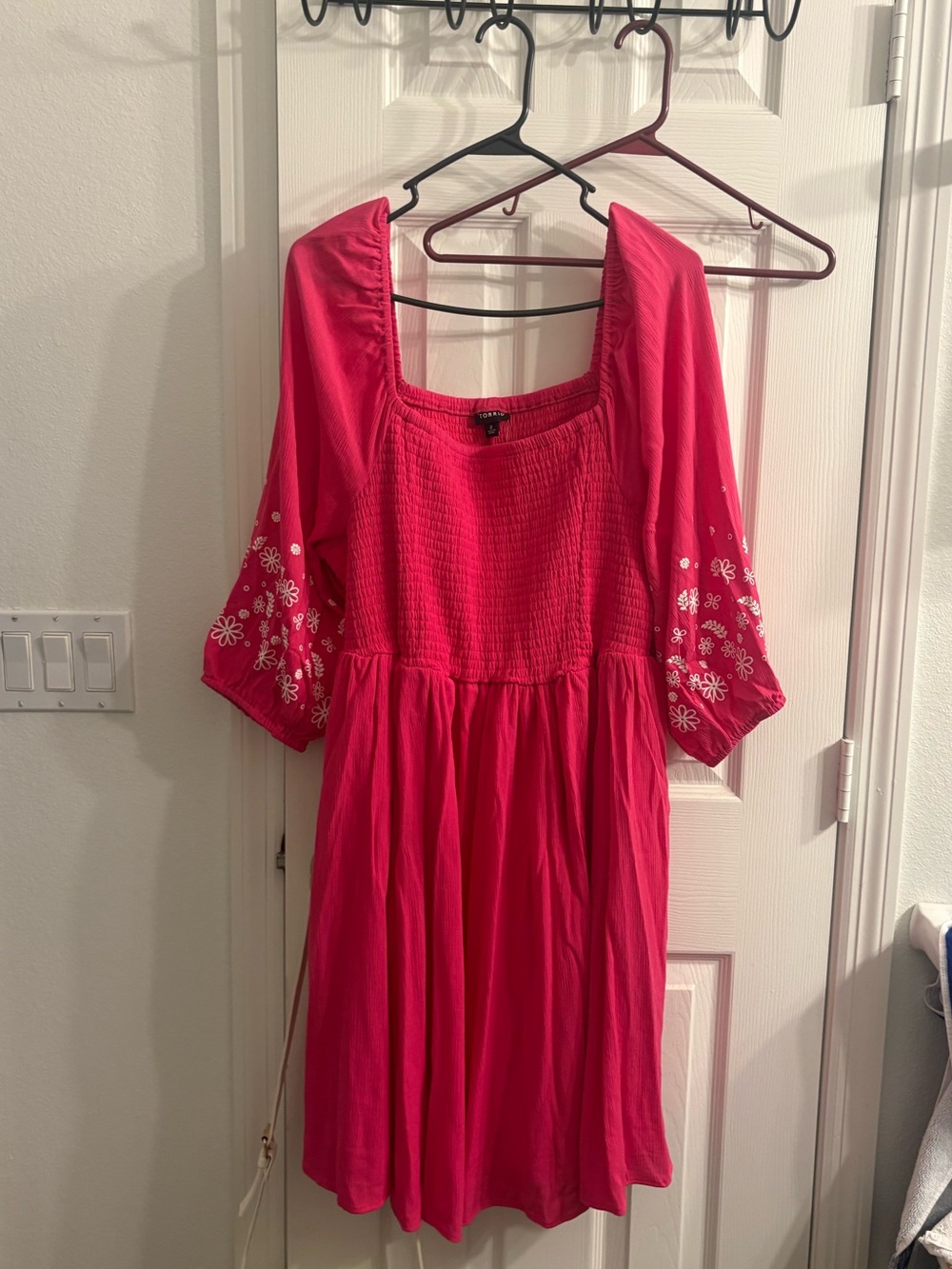 torrid Hot Pink Smocked Bodice Dress with Embroidered Sleeves